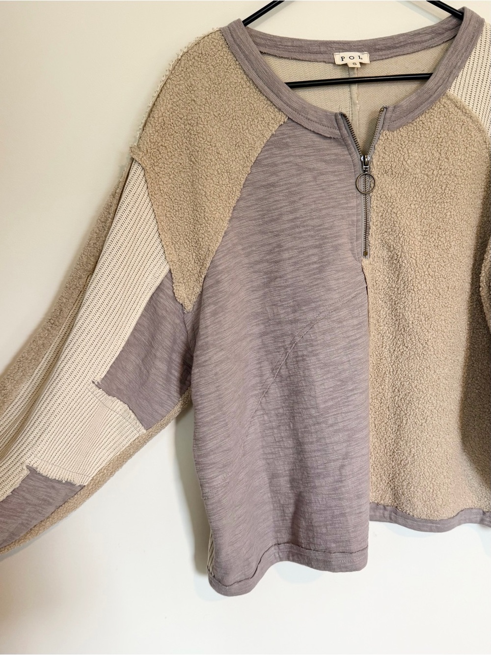 POL Patchwork Quarter Zip Pullover in Taupe and Beige - Size: Small - Picture 9 of 14